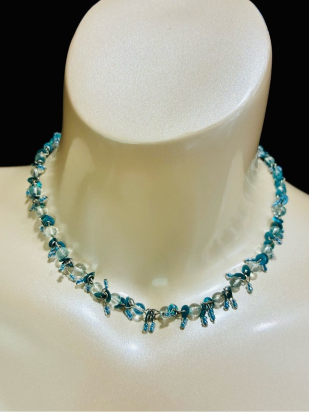 Aqua Coastal Blue Textured Beaded Sparkling Choker Necklace - Women Jewelry
